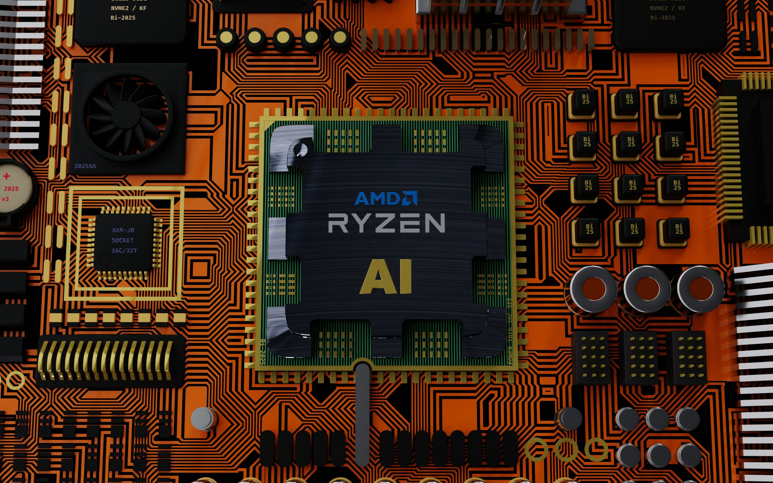Macro close-up of an AI accelerator chip on a circuit board