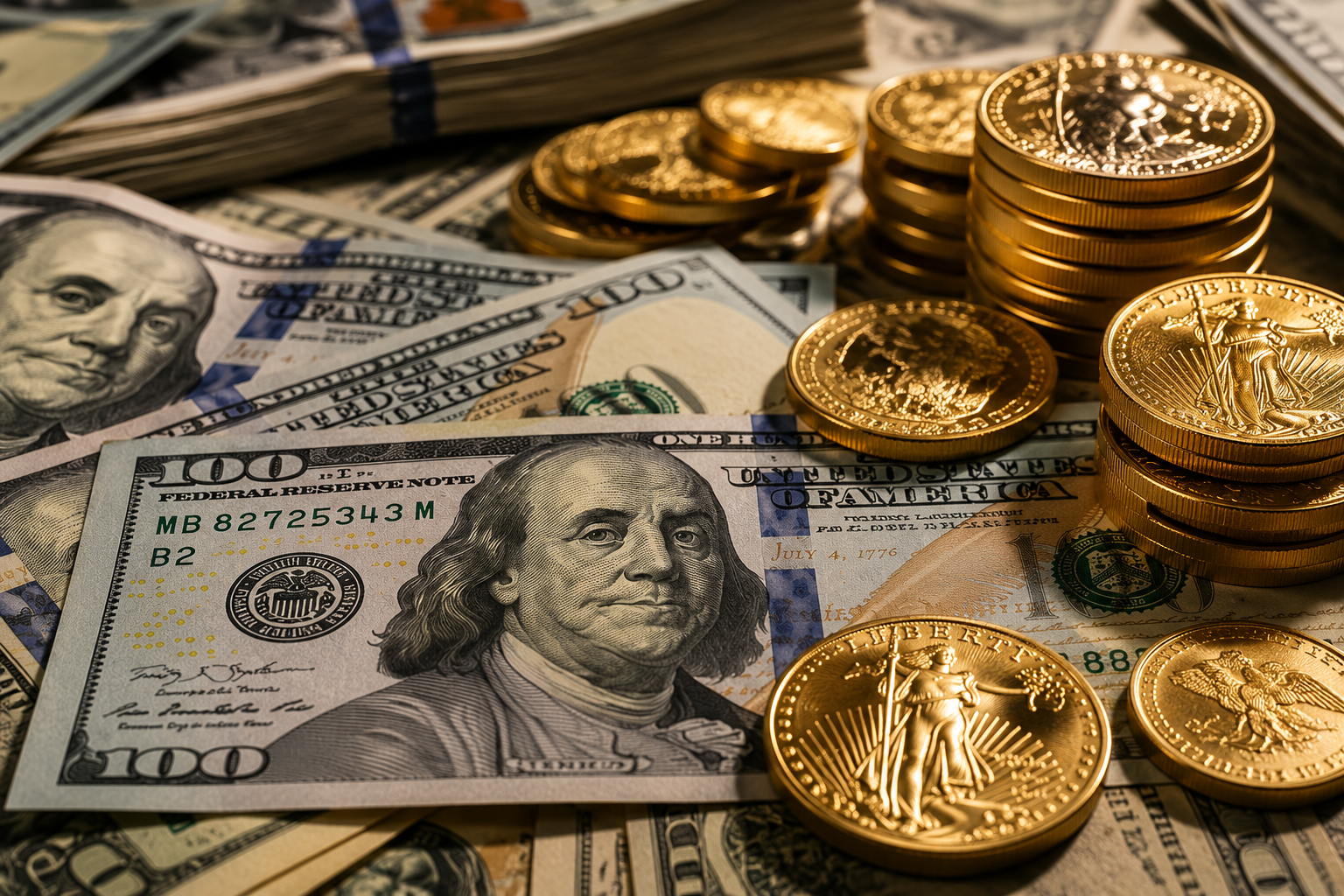 US hundred-dollar bills beside gold bars